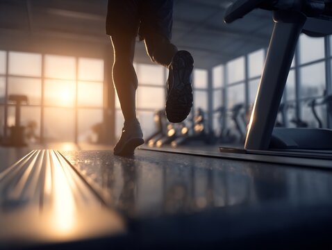 Faceless athlete jogging treadmill in modern gym post rehab reflection on glass symbolic recovery movement concept