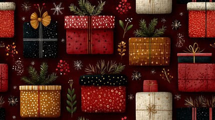 Assortment of Textured Christmas Gift Boxes with Pine Sprigs on Dark Red photo Background present