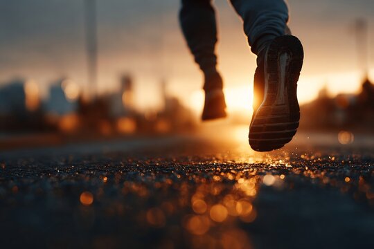 Faceless athlete jogging slowly during comeback training soft sunlight motion blur realism