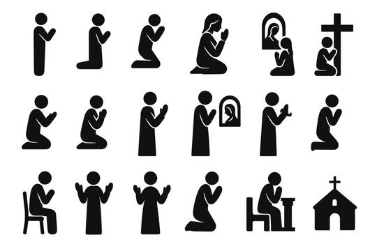 A set of 18 black silhouette icons depicting people in prayer. All figures are rendered in a simple, minimalist style and convey different poses and contexts of Christian prayer.