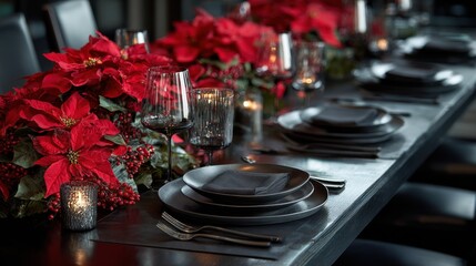 Elegant christmas dining table with red floral centerpiece for holiday celebration