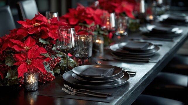 Elegant christmas dining table with red floral centerpiece for holiday celebration - Powered by Adobe