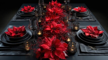 Elegant holiday dining table setting with red floral centerpiece and candlelight,Poinsettia Day