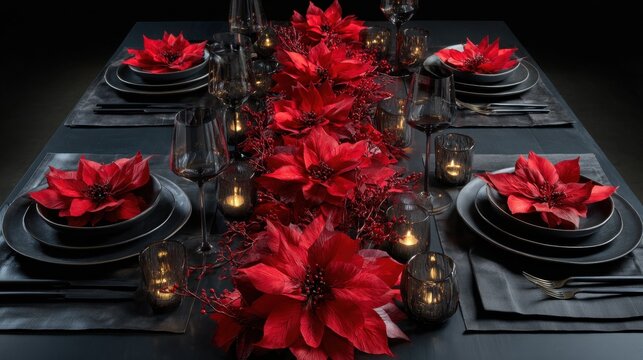 Elegant holiday dining table setting with red floral centerpiece and candlelight,Poinsettia Day - Powered by Adobe
