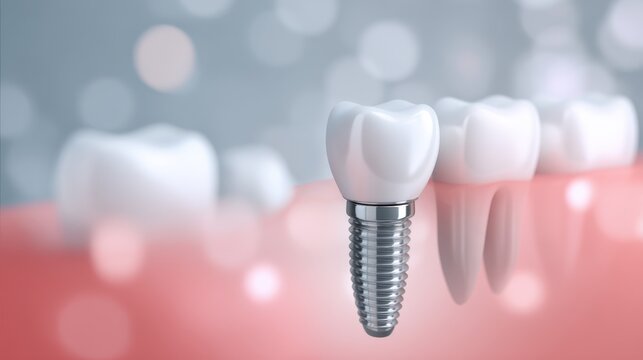 Dental implant with a realistic tooth design placed on a reflective surface, showcasing modern dental technology and aesthetic appeal