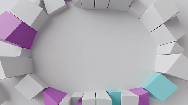 Abstract geometric composition of white, purple, and teal blocks forming a dynamic circular frame around a bright central space.
