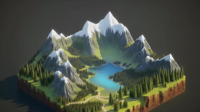 An isometric 3D render depicting a serene mountain landscape featuring snow-capped peaks, a clear blue lake, and dense evergreen forests with winding paths.