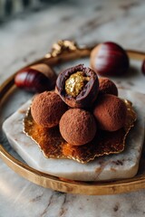 Obraz premium Luxurious gourmet truffles with gold leaf garnish on marble tray for elegant dessert presentation