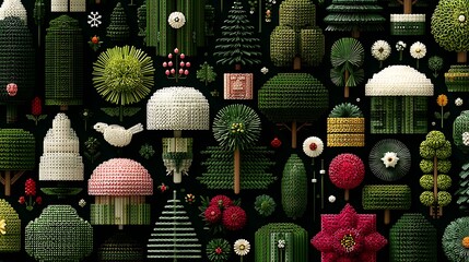 Textured Christmas Trees and Ornaments in a Dense Pattern on Dark photo Background holiday winter