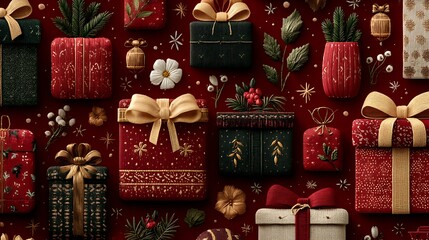 Festive Christmas Gift Boxes with Ribbons and Ornaments on Red photo Background present holiday