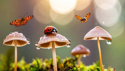 water droplets on mushrooms, ladybugs and butterflies