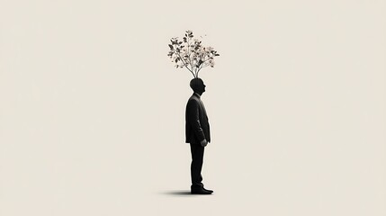 Obraz premium conceptual fine art illustration, human silhouette with blooming sprout growing from crown, symbol of renewed mindset, minimalist tone, v7 
