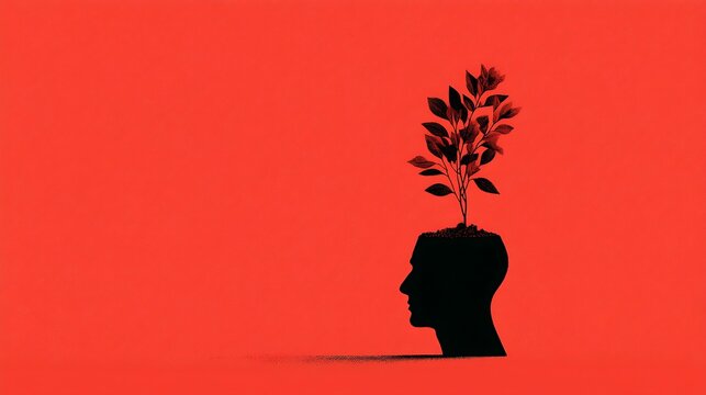 conceptual fine art illustration, human silhouette with blooming sprout growing from crown, symbol of renewed mindset, minimalist tone, v7 