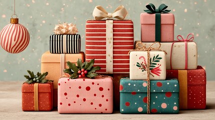 Stacked Christmas Presents with Ornaments and Holly Accents gifts holiday photo