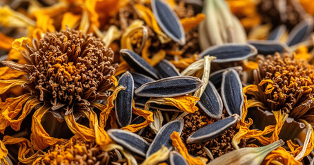 Macro texture of drying marigold flowers and seeds in warm earthy tones, botanical decorative element