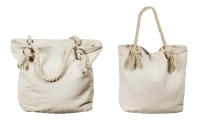 Isolated photo of white cloth beach bag with rope handles, front and back view with copy space on white background.