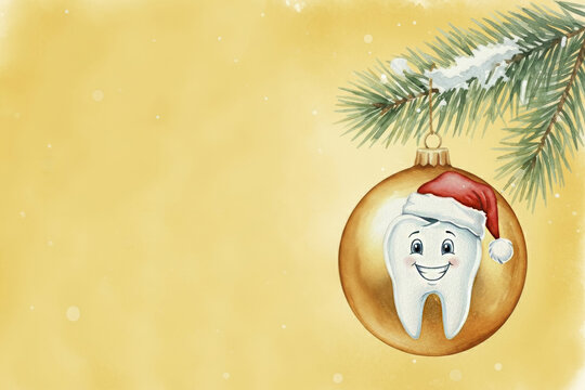 Watercolor drawing of a Christmas tree ball with the image of a cartoon tooth in a Santa hat hanging on a spruce branch on a yellow background with copy space. Concept of Christmas and New Year in den
