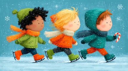 Three Diverse Cartoon Children Ice Skating in Snowy Winter Scene Keywords: ice skating, children, cartoon, winter, snow,... photo