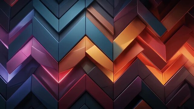 A vibrant abstract pattern of layered chevron shapes with metallic gradient colors and glowing edges.
