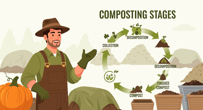 Illustrative depiction of composting process with a smiling gardener and pumpkin
