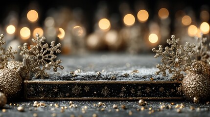 Golden snowflakes and baubles on a dark textured surface with bokeh lights ornament glitter photo
