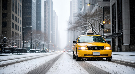 Obraz premium Yellow taxi snow road bright cab on snowy city avenue during gentle snowfall, winter commute, transportation in harsh weather, slick lanes and tire tracks, cold metropolis mood, service and resilience