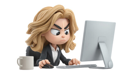 Bad mood plasticine woman staff during work white background png transparent pressure on work concept using for decoration.