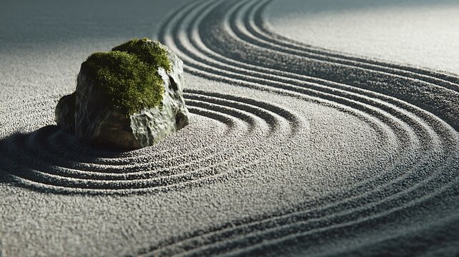 Serene zen garden raked sand patterns surrounding a moss covered rock in soft sunlight - Powered by Adobe