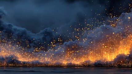 Fiery Sparks and Dark Clouds Erupting Over Water Keywords: fire, sparks, embers, glowing, light, explosion, energy, photo