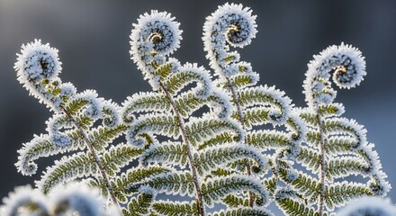 Frost-covered fern fronds curl in a macro shot. Green fronds are outlined in sparkling white ice crystals against a soft gray background.