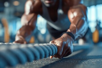 Faceless athlete performing resistance pull elastic tube gym floor reflections focus on controlled tension