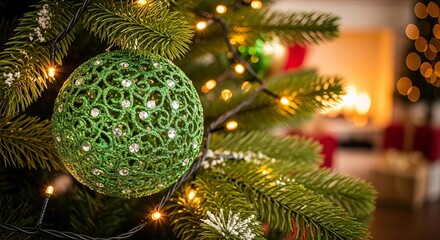 A close-up of a green, decorative Christmas ornament with sparkling details on a pine branch, adorned with fairy lights.