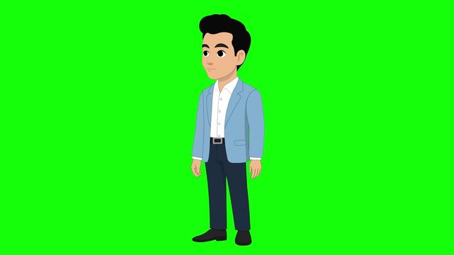 Young businessman talking character and explaining animation side view green screen