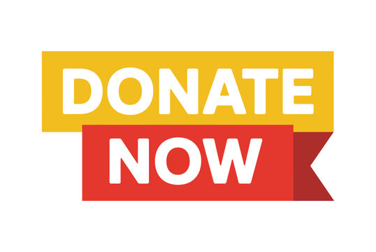 A yellow banner with the word DONATE and a red banner below it with the word NOW are displayed against a white background, suggesting a call to action for donations.