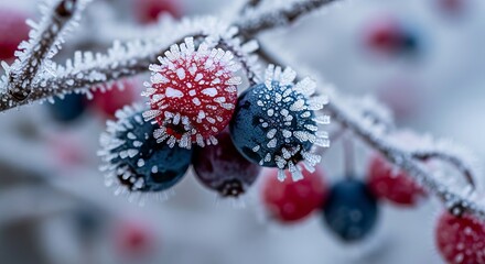Macro shot of frosted red and blue berries on a branch. Soft, muted background with intricate frost patterns on the berries.