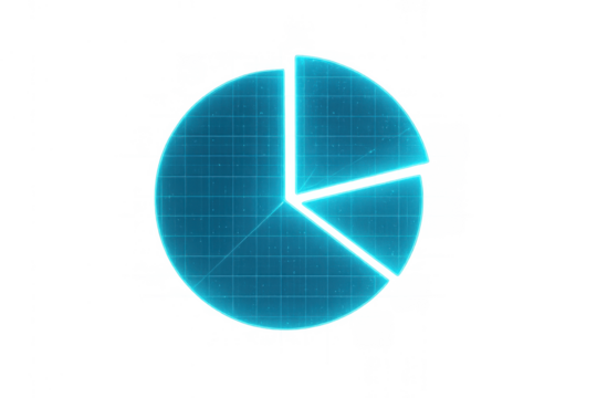 Futuristic holographic pie chart displaying data analysis and financial statistics with transparent background