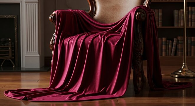 A plush maroon throw drapes over a leather armchair in a richly furnished room with a fireplace and bookshelves. - Powered by Adobe