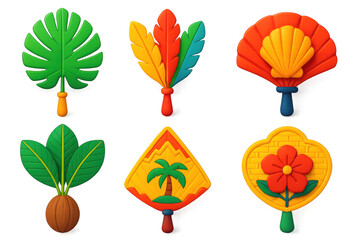 Fototapeta premium Set of six colorful, stylized plant leaves and flowers