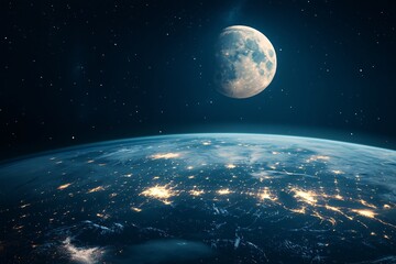 The blue planet Earth, a globe in space, orbits the Sun while the Moon lights the night sky in the vast universe