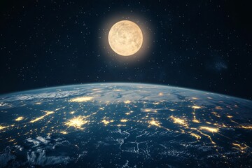 The blue planet Earth, a globe in space, orbits the Sun while the Moon lights the night sky in the vast universe
