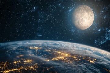 The blue planet Earth, a globe in space, orbits the Sun while the Moon lights the night sky in the vast universe