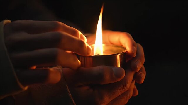 Close Up of Person Holding a Burning Candle in Dark Lighting with Gentle Warmth Glowing, Metallic Candle Holder and Soft Focus Background for Adobe Stock Photo