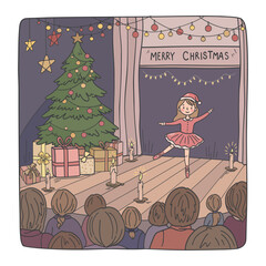 Doodle-style illustration: girl in a ballerina costume dances on stage during a school Christmas performance with a tree, gifts, and candles in front of an audience.