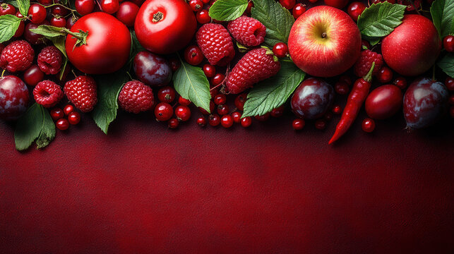 Red fruits and vegetables frame, healthy light red gradient background small relief red vegetables and fruits tomato, raspberry, apples, plum, pepper, pomegranate,