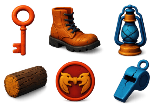 Forgotten Relics Icons. 3D icon set of forgotten watchman relics: rusted key, worn boot, faded log, cracked lamp, cloak clasp,