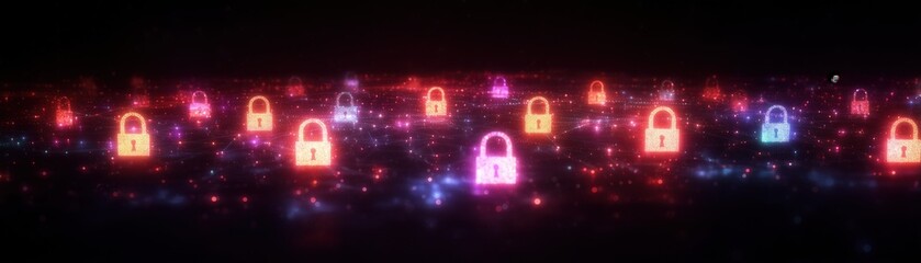 Glowing digital padlocks over a network grid representing cybersecurity.