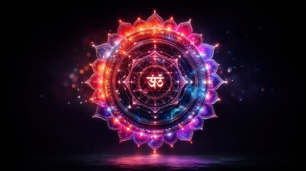 Glowing colorful mandala with Om symbol over reflective water