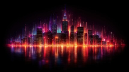 Neon city skyline reflected on water against black background