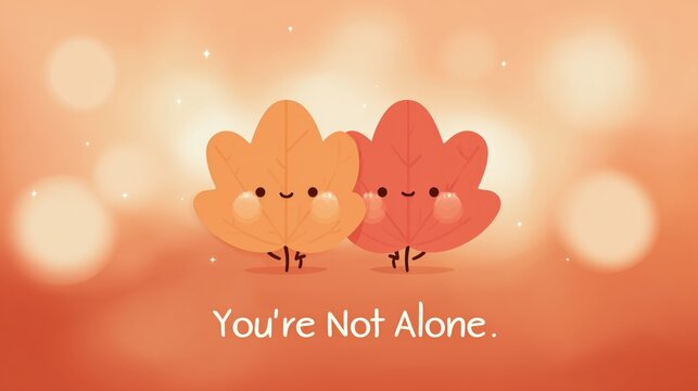 Cute kawaii autumn leaves hugging on warm orange background conveying comfort and emotional support