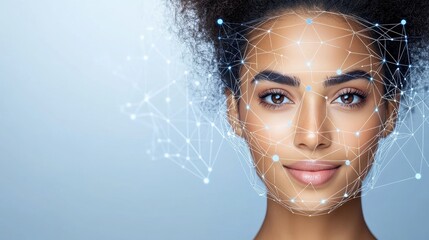 Woman is smiling. A digital network overlays her face, connected by lines and dots